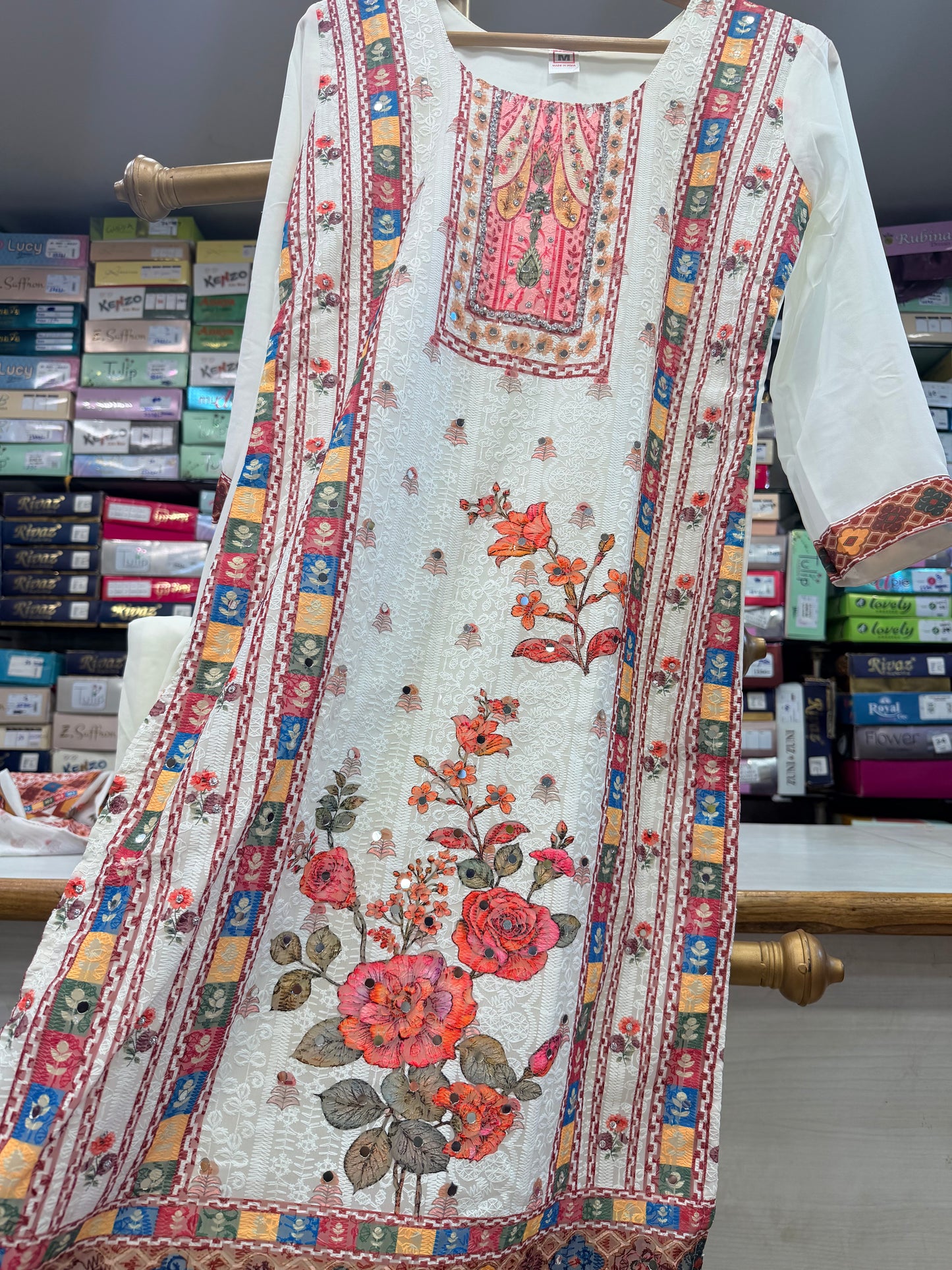 Off-White Printed Georgette Suit Set with Dupatta