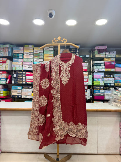 Rich Maroon Embroidered Ethnic unstitched Suit Set