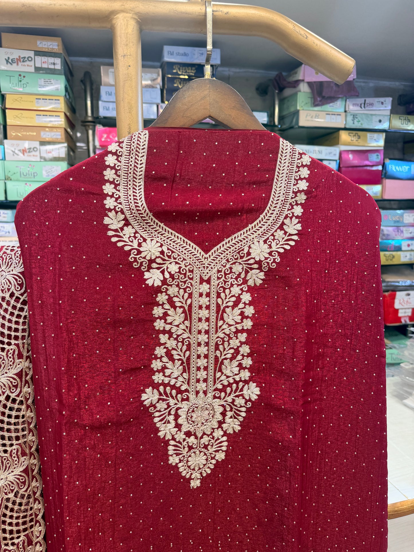Rich Maroon Embroidered Ethnic unstitched Suit Set