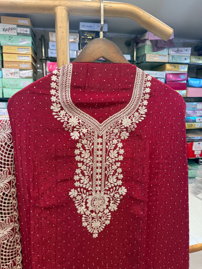 Rich Maroon Embroidered Ethnic unstitched Suit Set