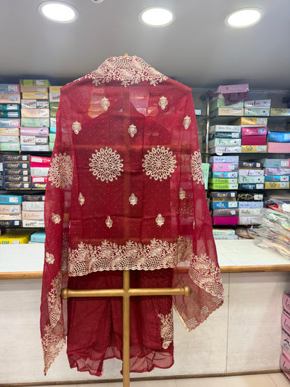 Rich Maroon Embroidered Ethnic unstitched Suit Set