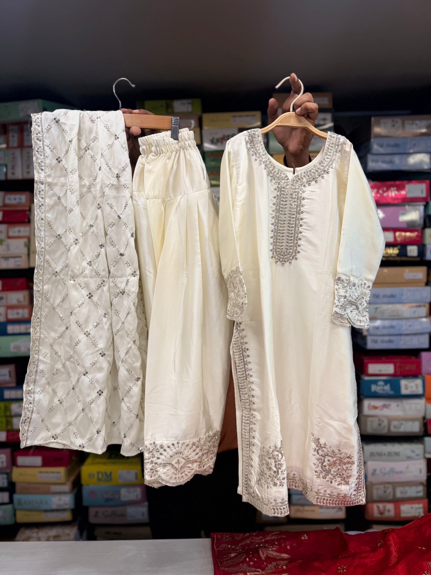 Off-White Heavy Sequin Embroidered Suit Set with Lattice Dupatta