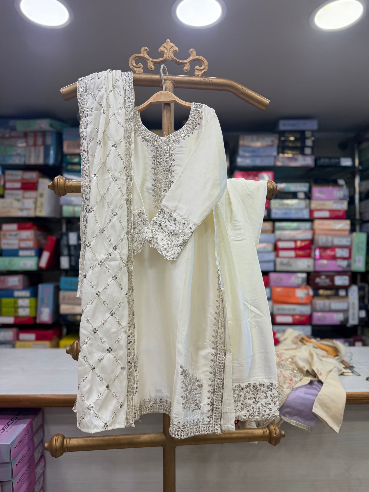 Off-White Heavy Sequin Embroidered Suit Set with Lattice Dupatta