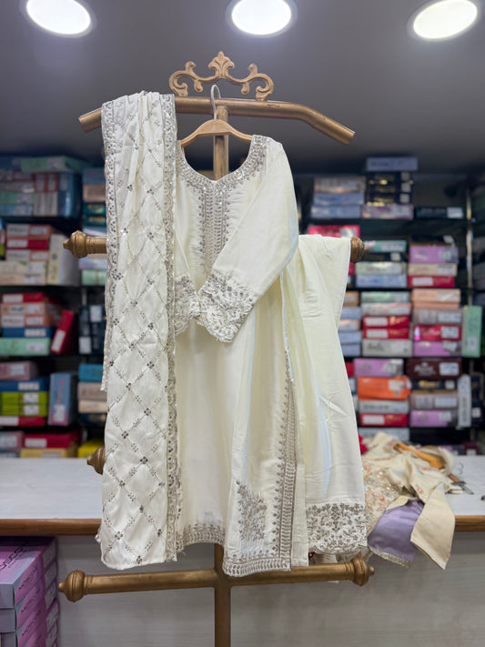 Off-White Heavy Sequin Embroidered Suit Set with Lattice Dupatta