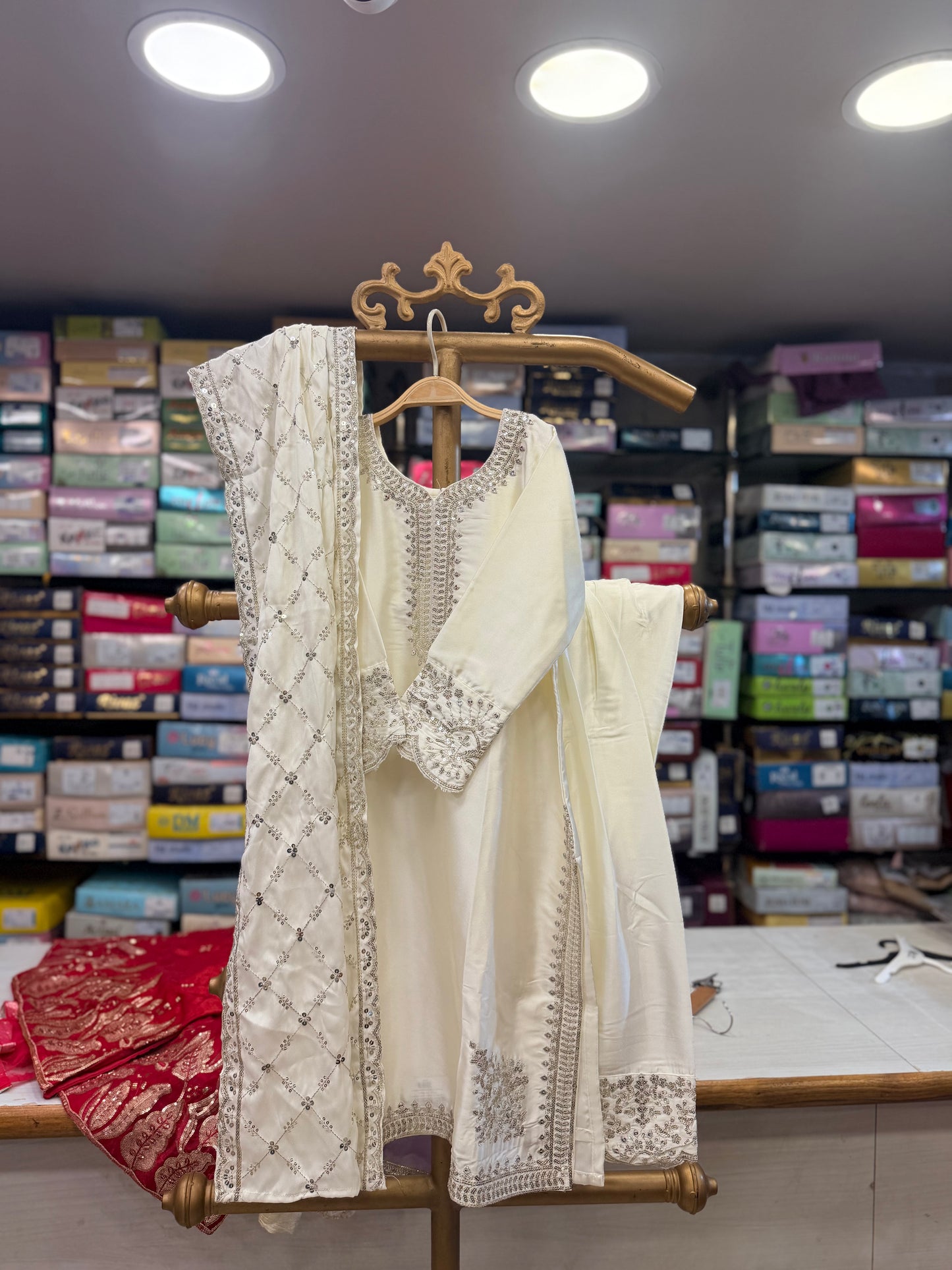 Off-White Heavy Sequin Embroidered Suit Set with Lattice Dupatta