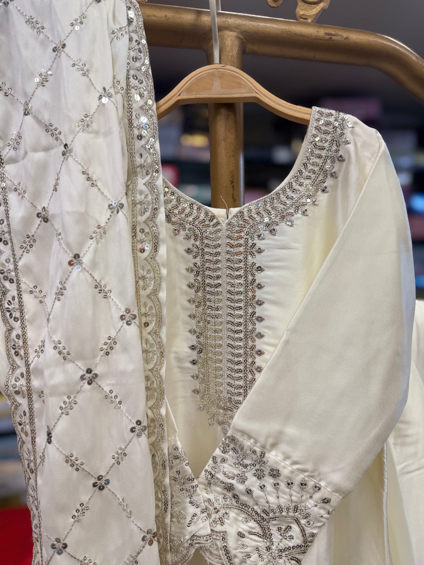 Off-White Heavy Sequin Embroidered Suit Set with Lattice Dupatta