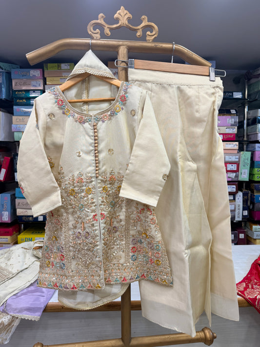 Off-White Multicolored Floral Embroidered Suit Set