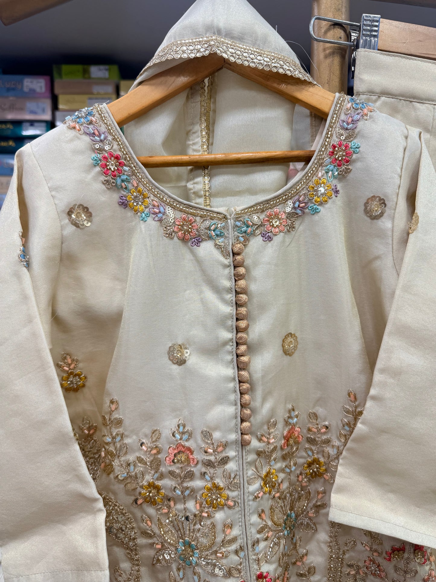 Off-White Multicolored Floral Embroidered Suit Set