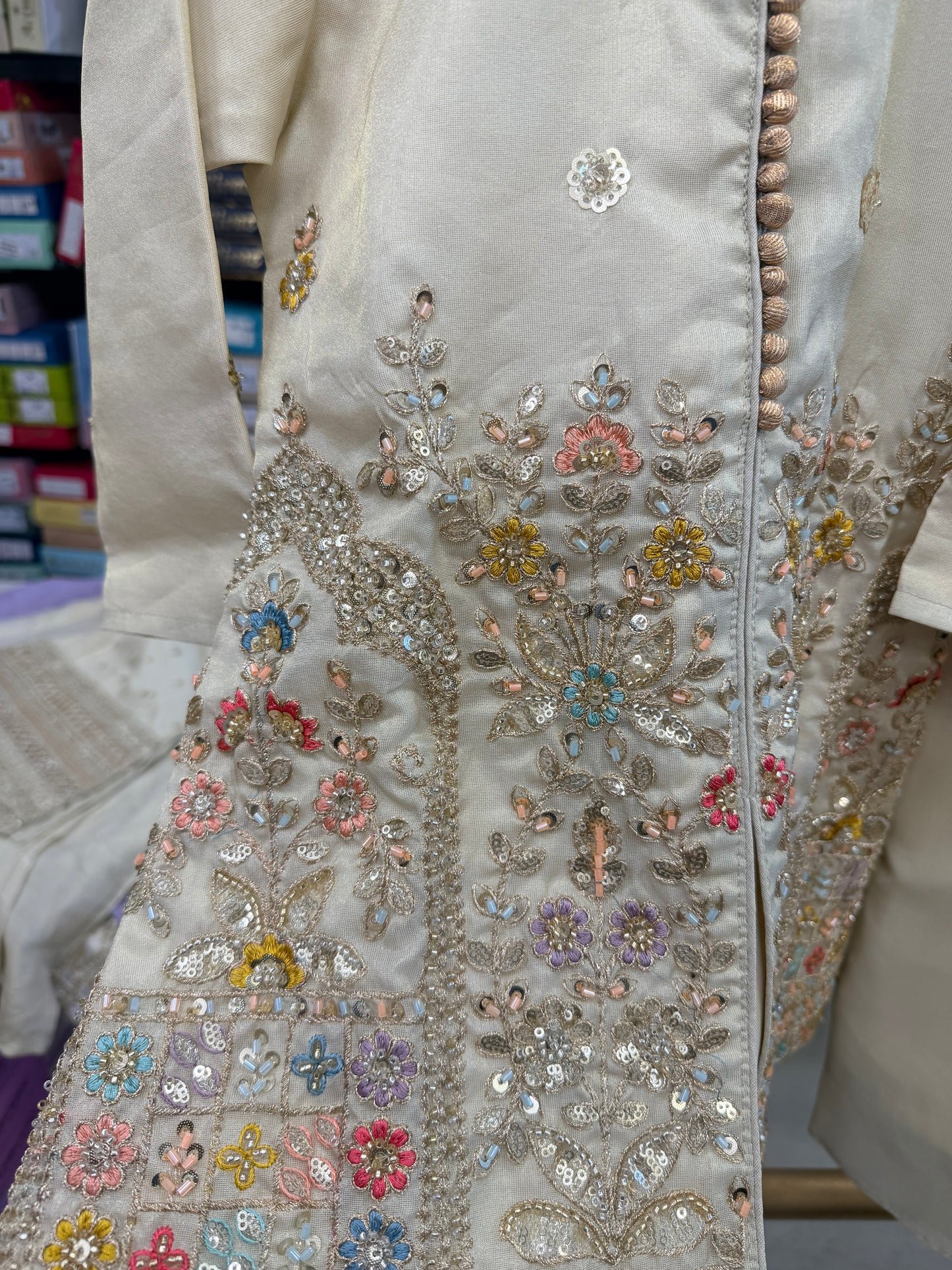 Off-White Multicolored Floral Embroidered Suit Set