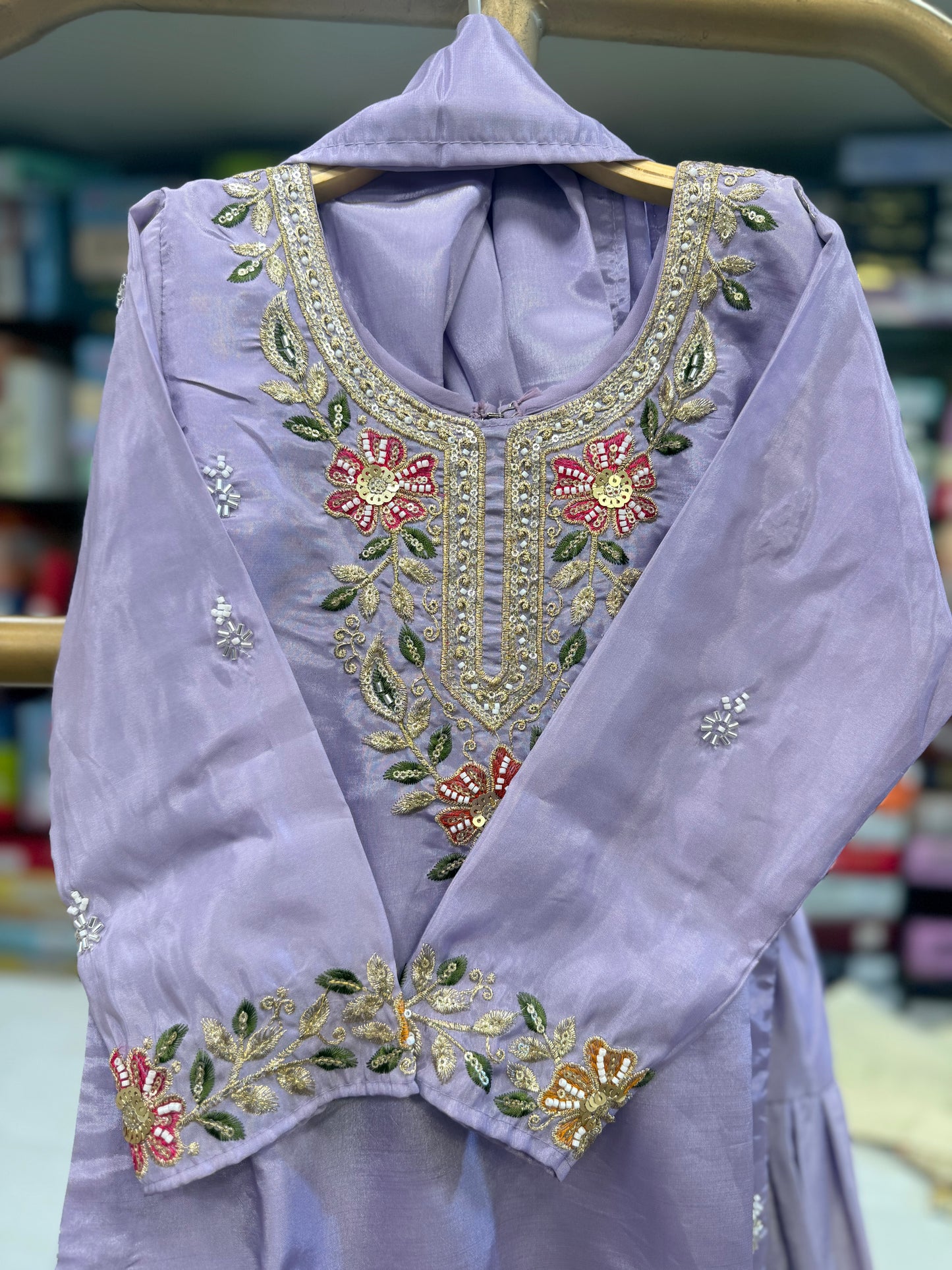 Lavender Floral Hand-Embroidered Suit Set