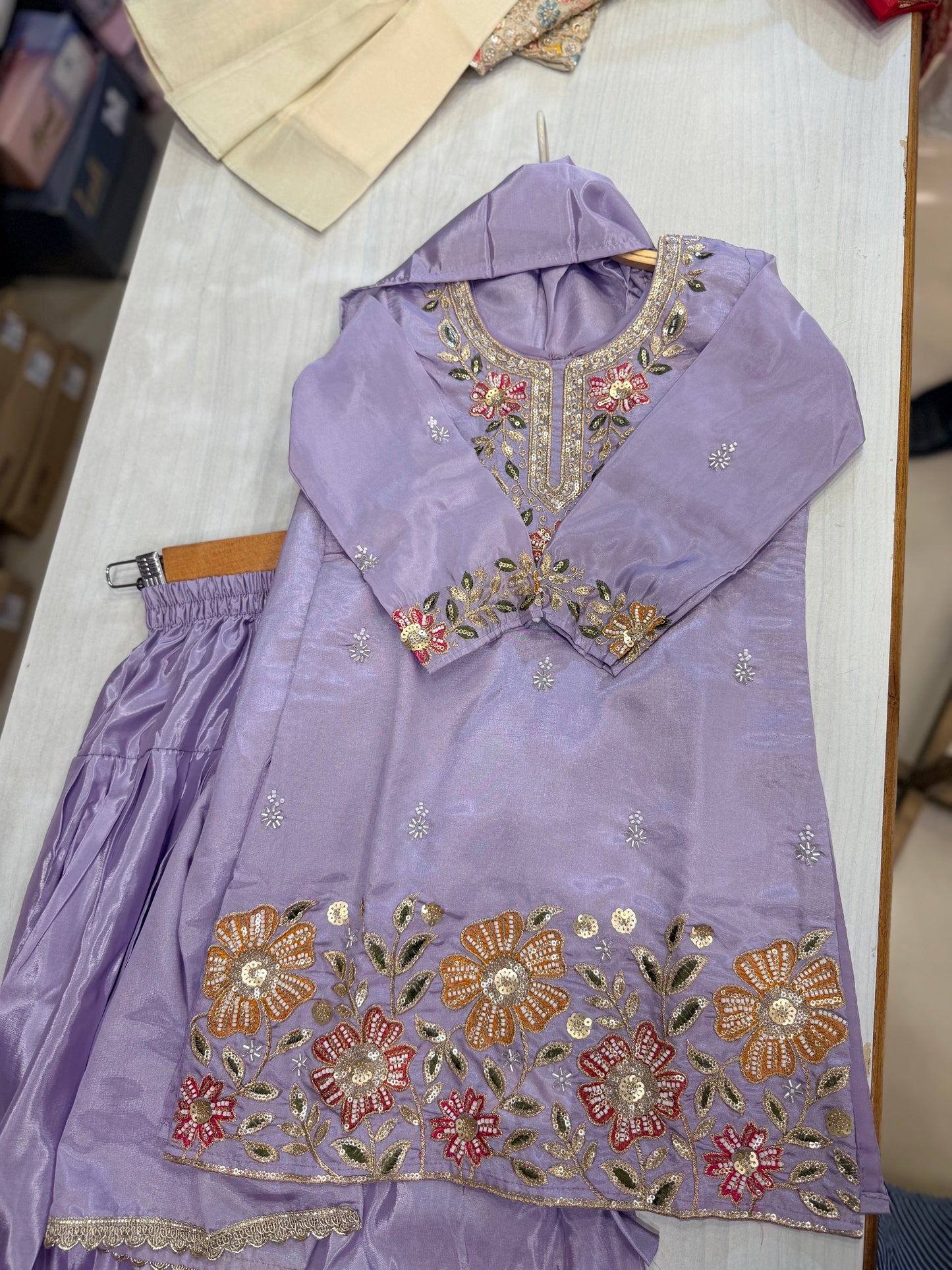Lavender Floral Hand-Embroidered Suit Set
