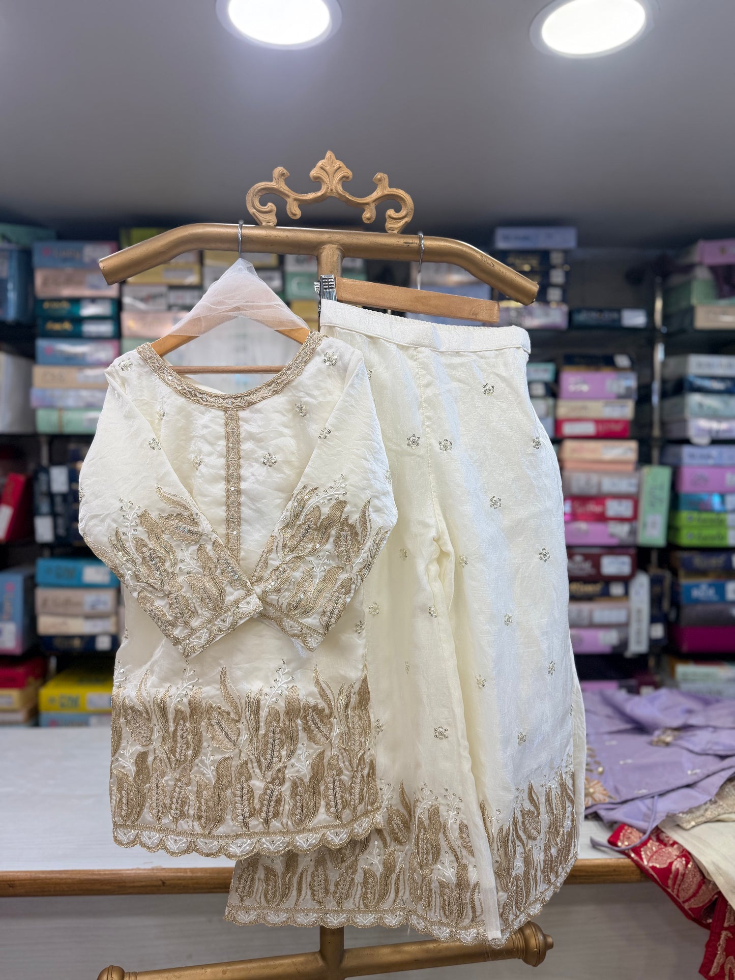 Off-White Heavy Gold Embroidered Sharara Suit Set
