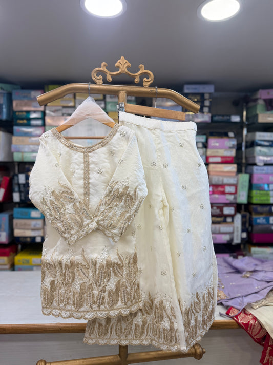 Off-White Heavy Gold Embroidered Sharara Suit Set
