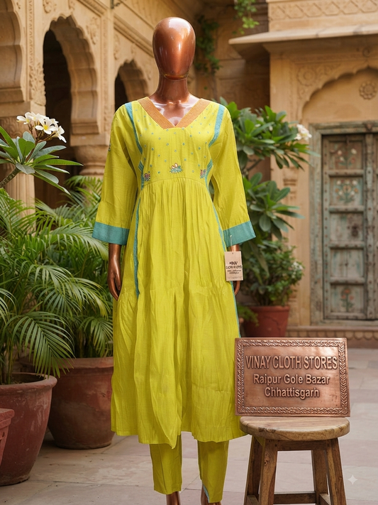 Vibrant Lime Green &amp; Sky Blue Tiered Anarkali Suit Set