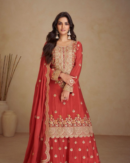 Red Heavy embroidered Real Chinon Readymade Sharara Set