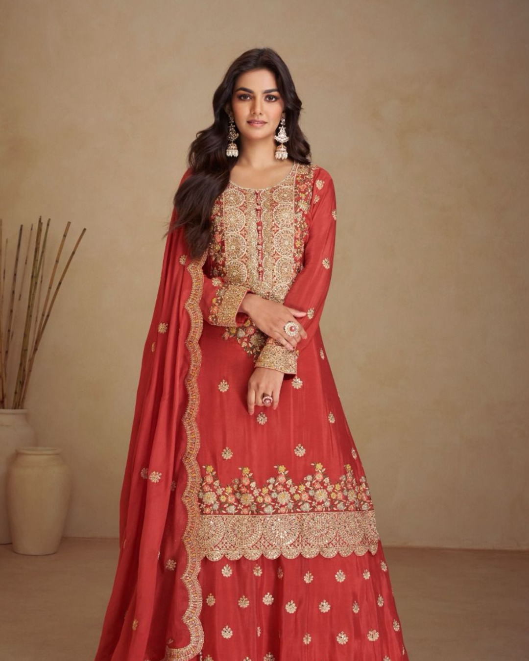 Red Heavy embroidered Real Chinon Readymade Sharara Set