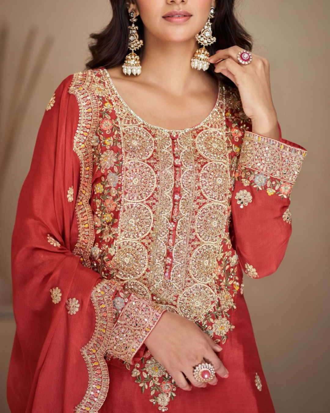 Red Heavy embroidered Real Chinon Readymade Sharara Set