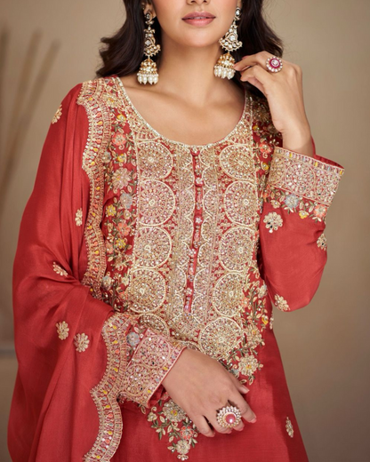 Red Heavy embroidered Real Chinon Readymade Sharara Set