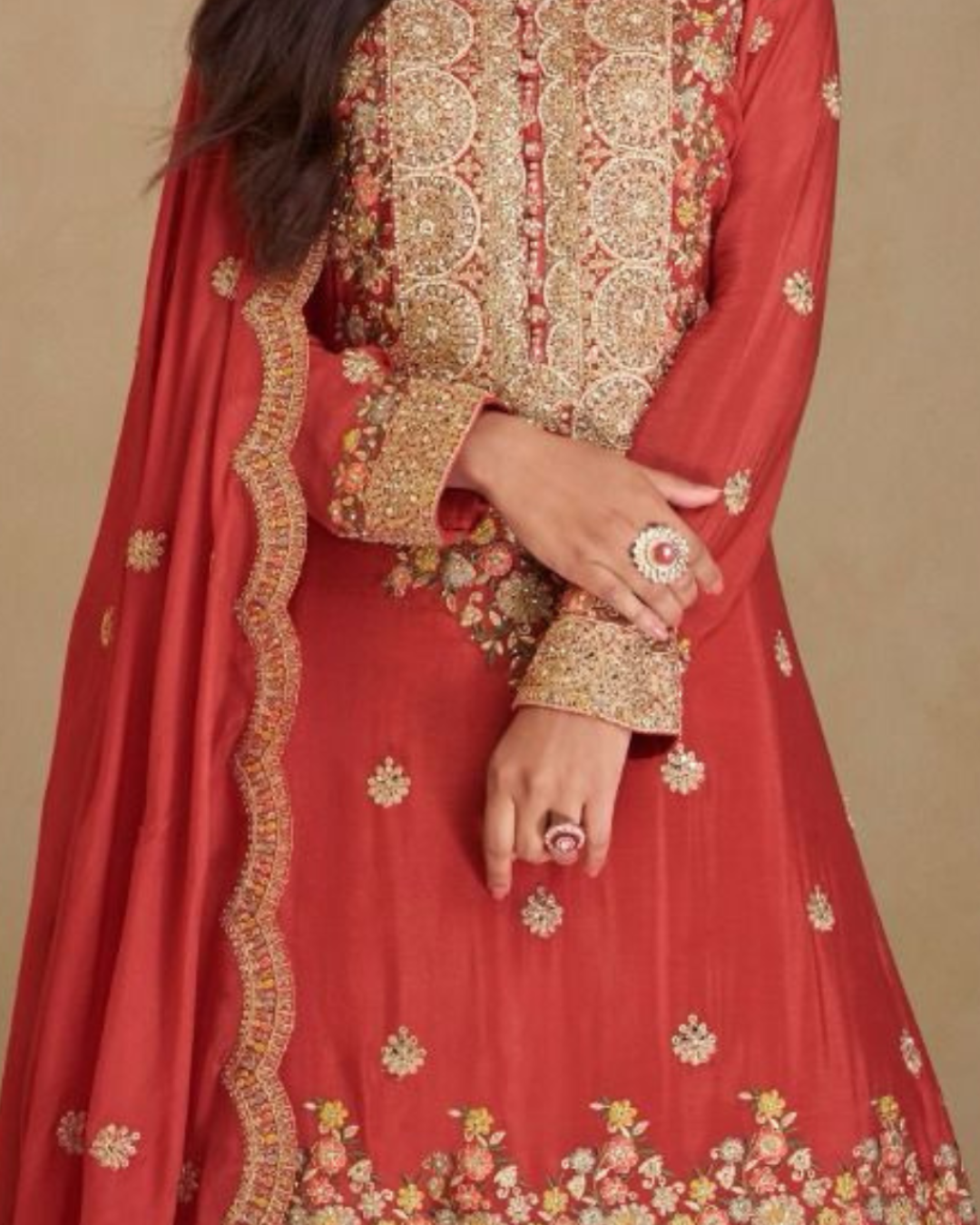 Red Heavy embroidered Real Chinon Readymade Sharara Set