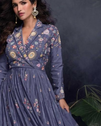 Lavender Heavy Embroidered Chinon silk Readymade Anarkali Set