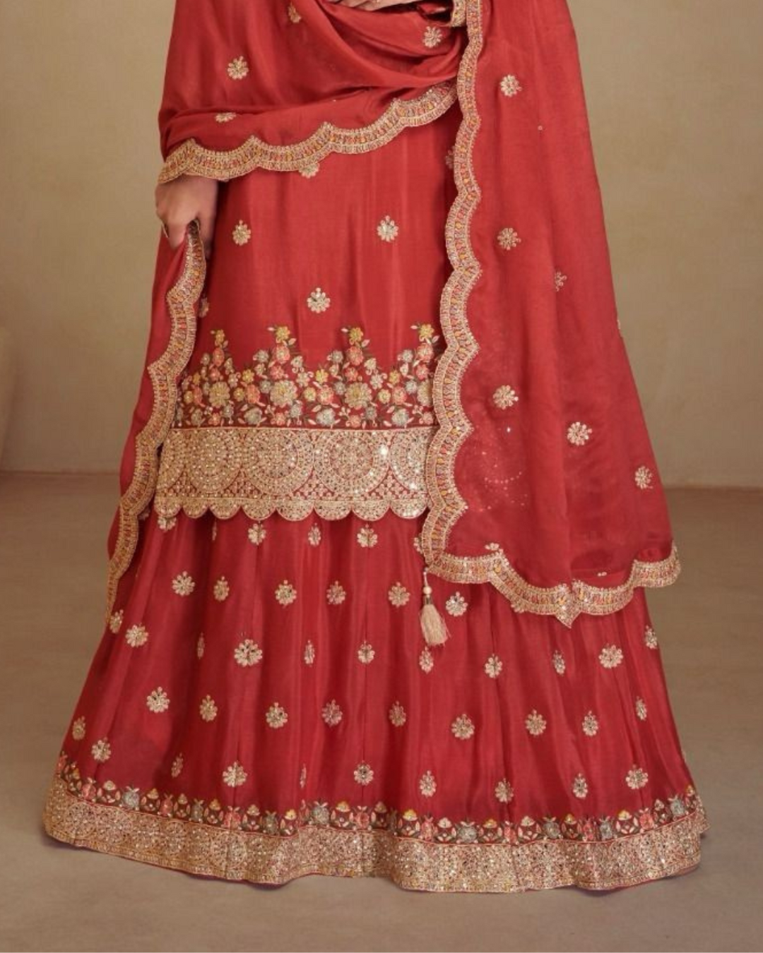 Red Heavy embroidered Real Chinon Readymade Sharara Set