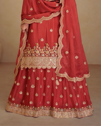 Red Heavy embroidered Real Chinon Readymade Sharara Set