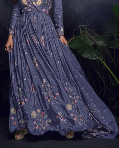 Lavender Heavy Embroidered Chinon silk Readymade Anarkali Set
