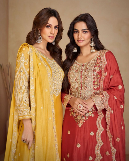 Red Heavy embroidered Real Chinon Readymade Sharara Set