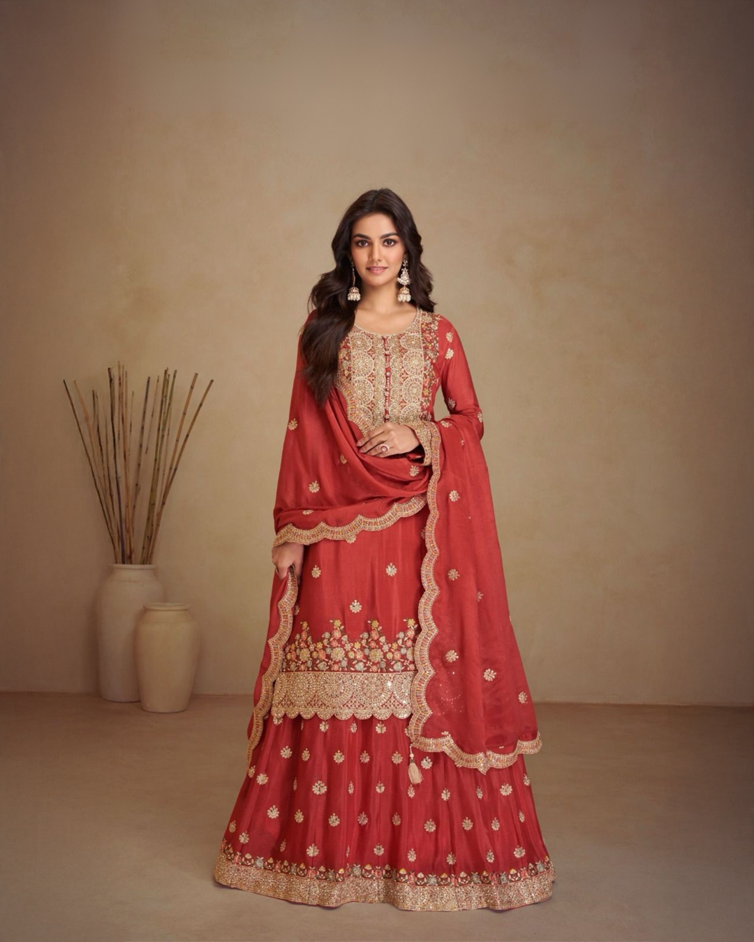 Red Heavy embroidered Real Chinon Readymade Sharara Set