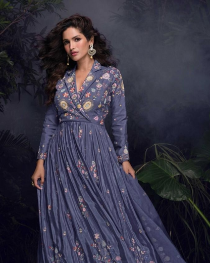 Lavender Heavy Embroidered Chinon silk Readymade Anarkali Set