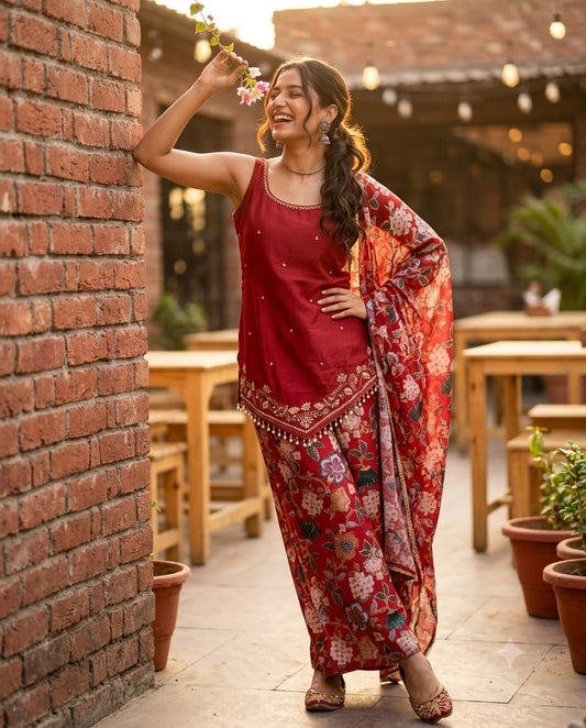 Crimson Red Printed Kurta Set