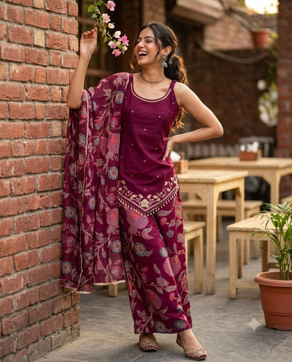 Elegant Wine-Purple Printed Kurta Set