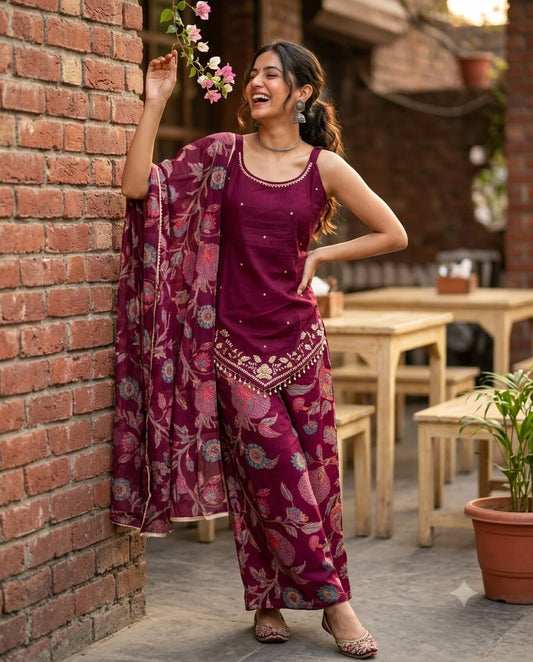 Elegant Wine-Purple Printed Kurta Set