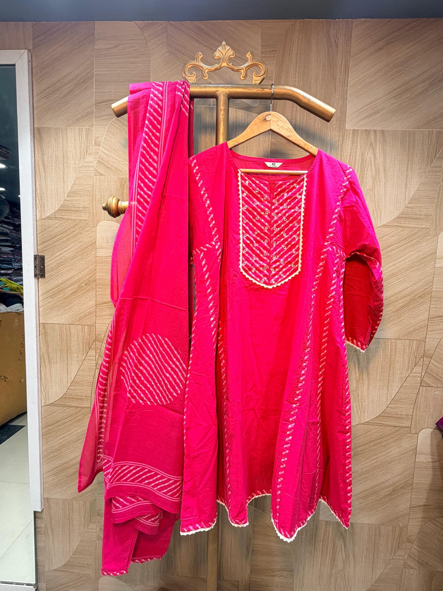 Bright Pink Embroidered Cotton Suit Set with Matching Dupatta