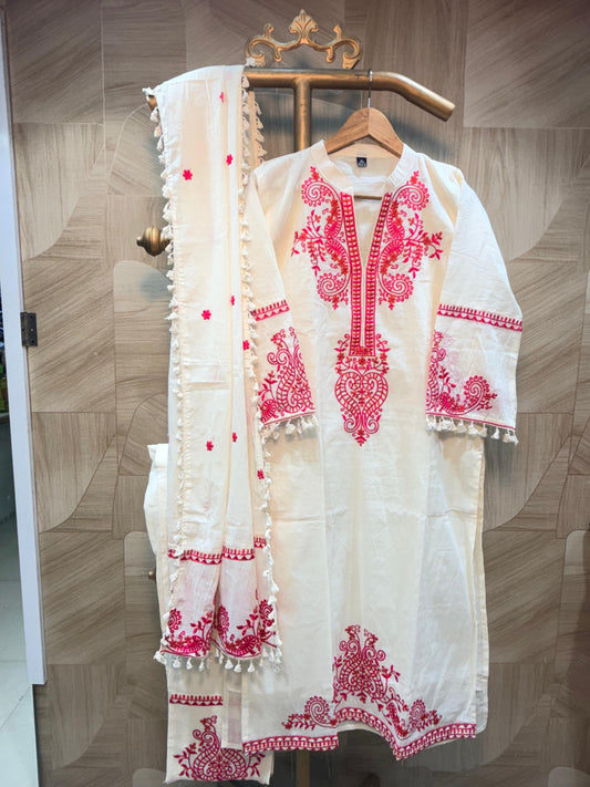 Pristine White Floral Embroidered Ethnic Suit Set with Tassel Lace