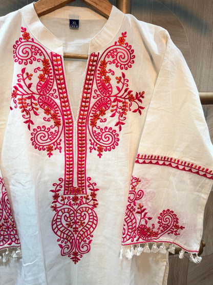 Pristine White Floral Embroidered Ethnic Suit Set with Tassel Lace