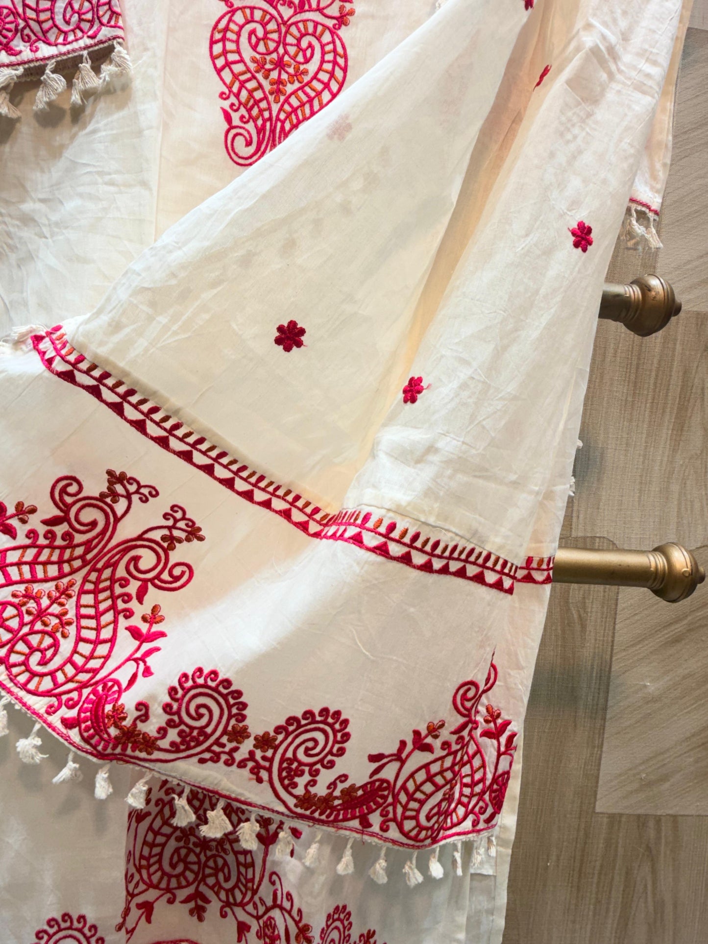 Pristine White Floral Embroidered Ethnic Suit Set with Tassel Lace