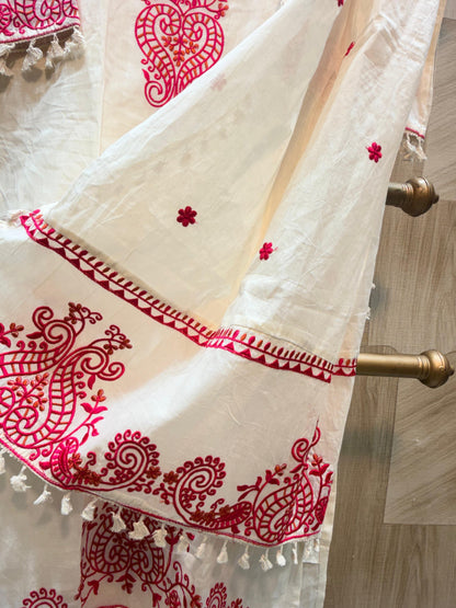 Pristine White Floral Embroidered Ethnic Suit Set with Tassel Lace