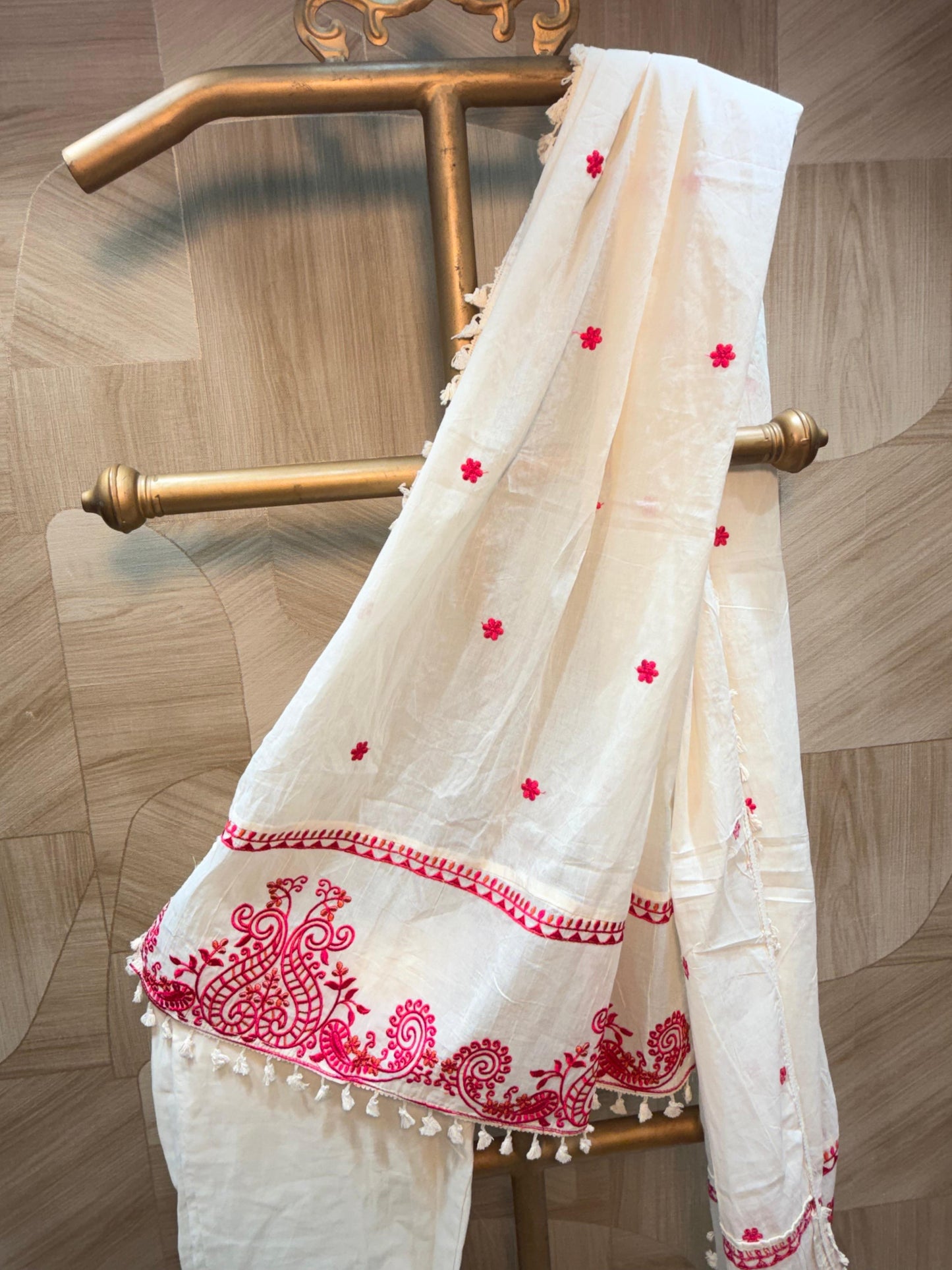 Pristine White Floral Embroidered Ethnic Suit Set with Tassel Lace