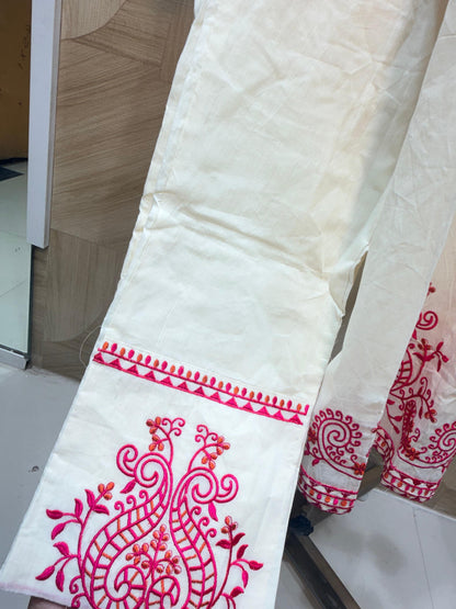 Pristine White Floral Embroidered Ethnic Suit Set with Tassel Lace