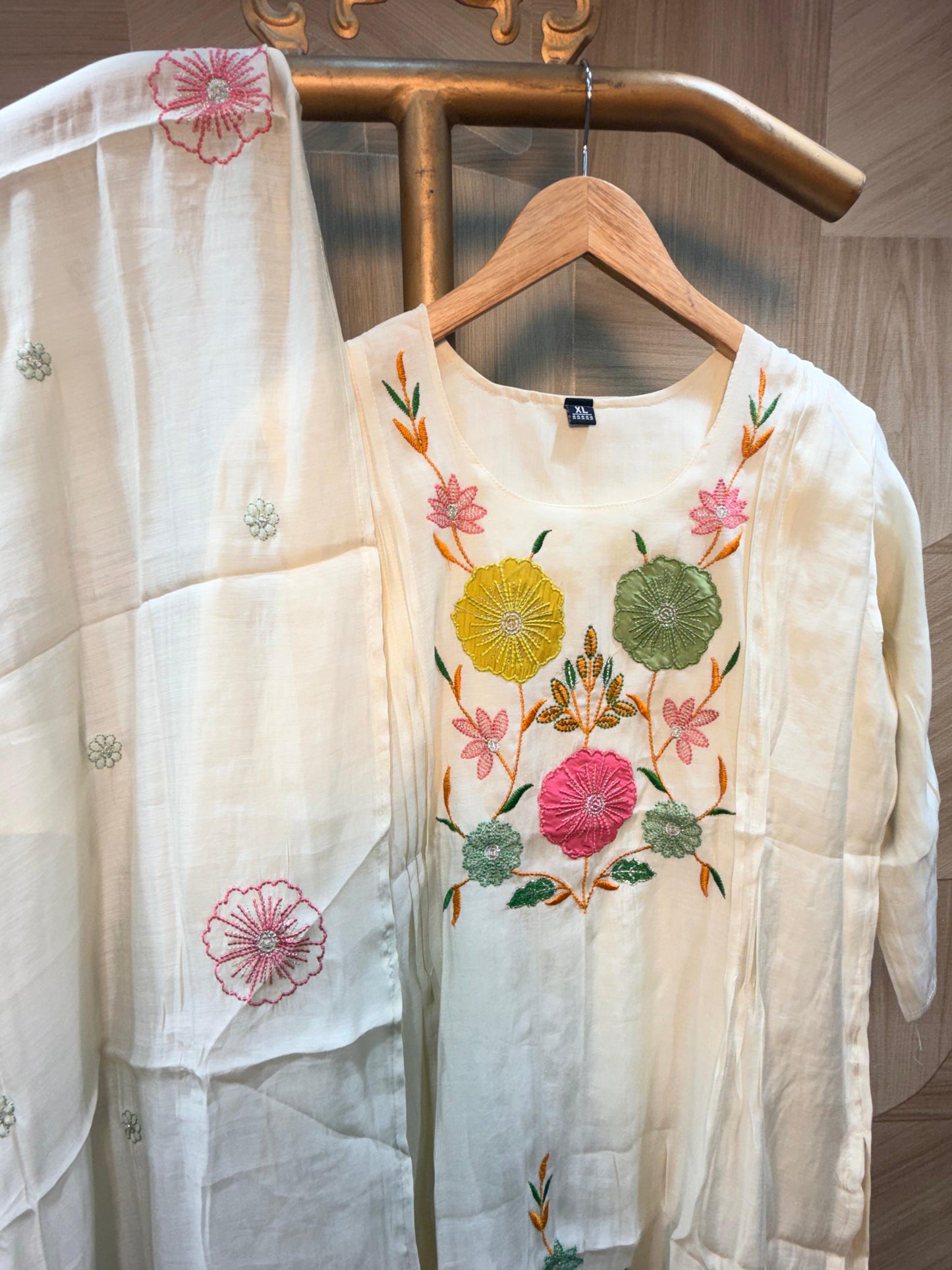 Pristine White Floral Embroidered Ethnic Suit Set with Tassel Lace