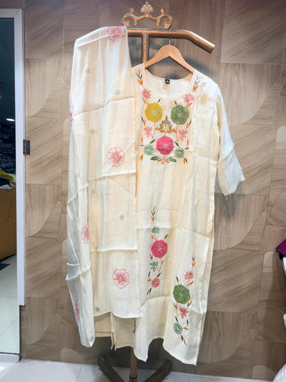 Pristine White Floral Embroidered Ethnic Suit Set with Tassel Lace