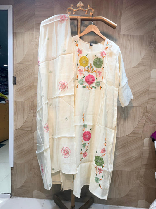 Pristine White Floral Embroidered Ethnic Suit Set with Tassel Lace