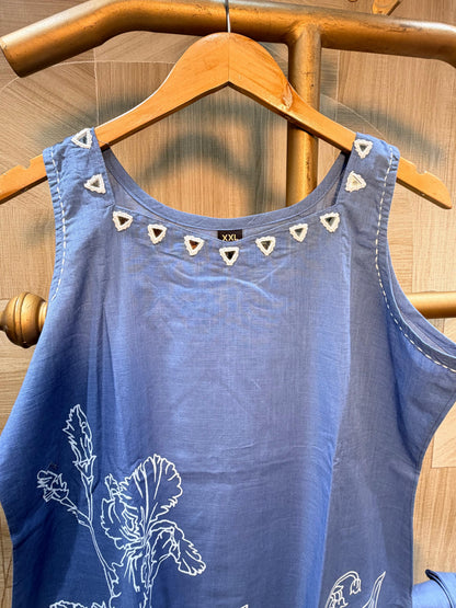 Cool Blue Cotton Sleeveless Kurta Set with Botanical Line Art