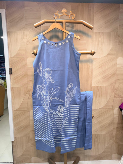 Cool Blue Cotton Sleeveless Kurta Set with Botanical Line Art