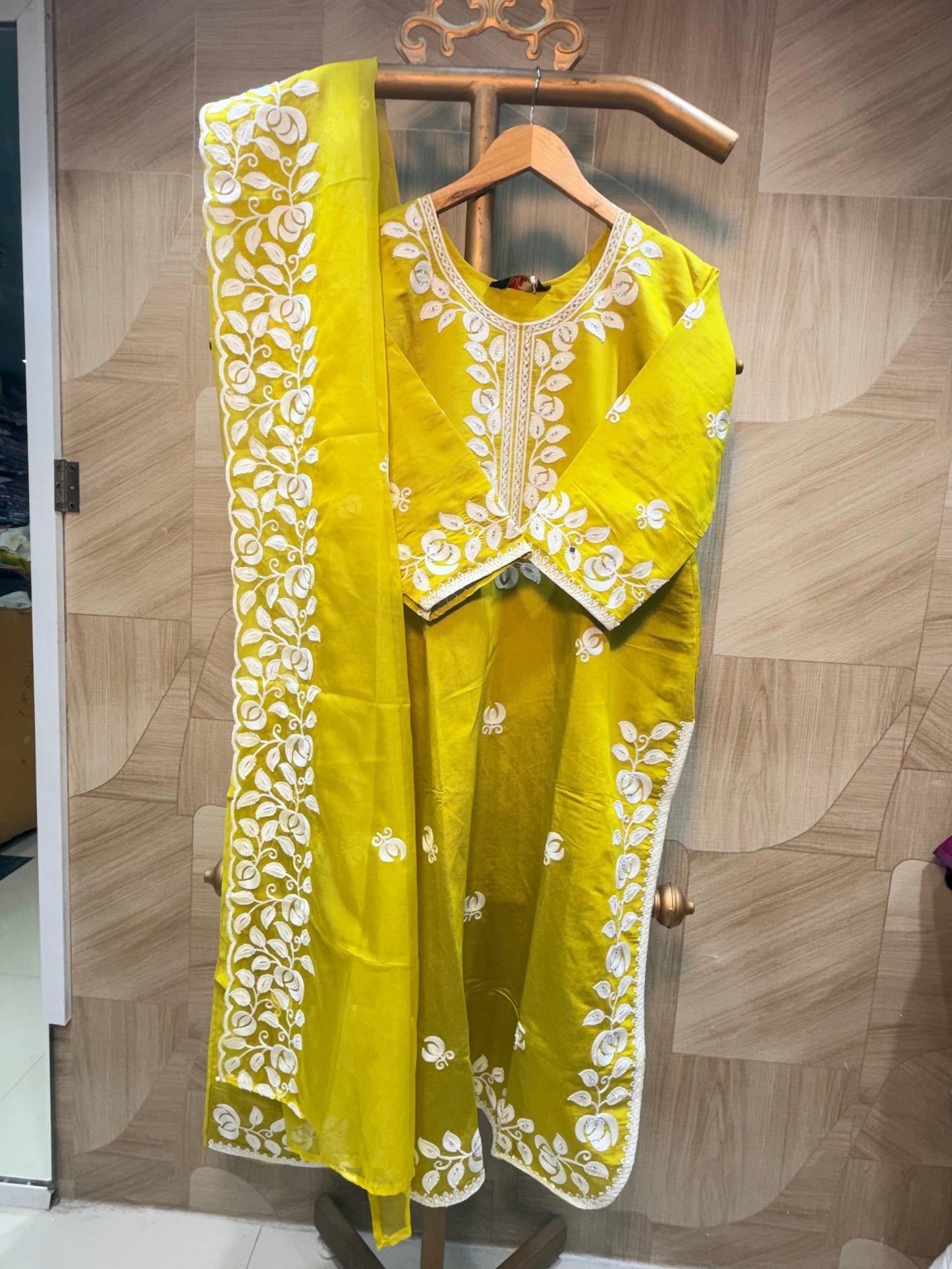 Bright Yellow Floral Threadwork Suit Set with Scalloped Cutwork Borders