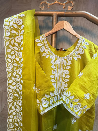 Bright Yellow Floral Threadwork Suit Set with Scalloped Cutwork Borders