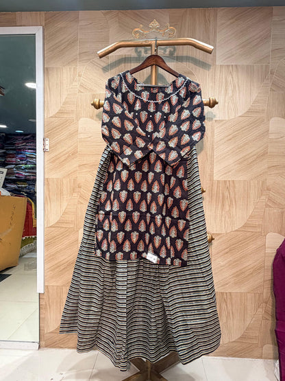 Elegant Hand-Block Print Kurti Set with Striped Skirt &amp; Dupatta