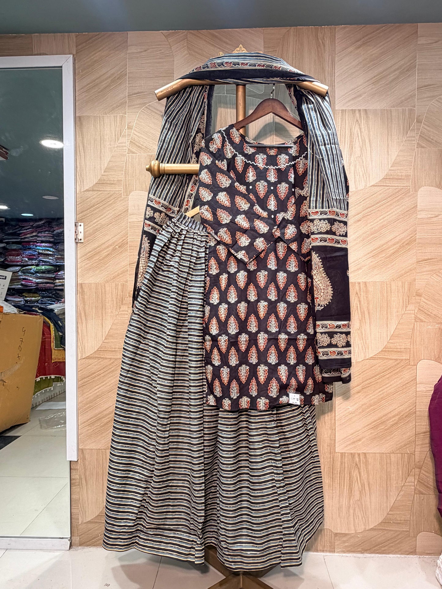 Elegant Hand-Block Print Kurti Set with Striped Skirt &amp; Dupatta