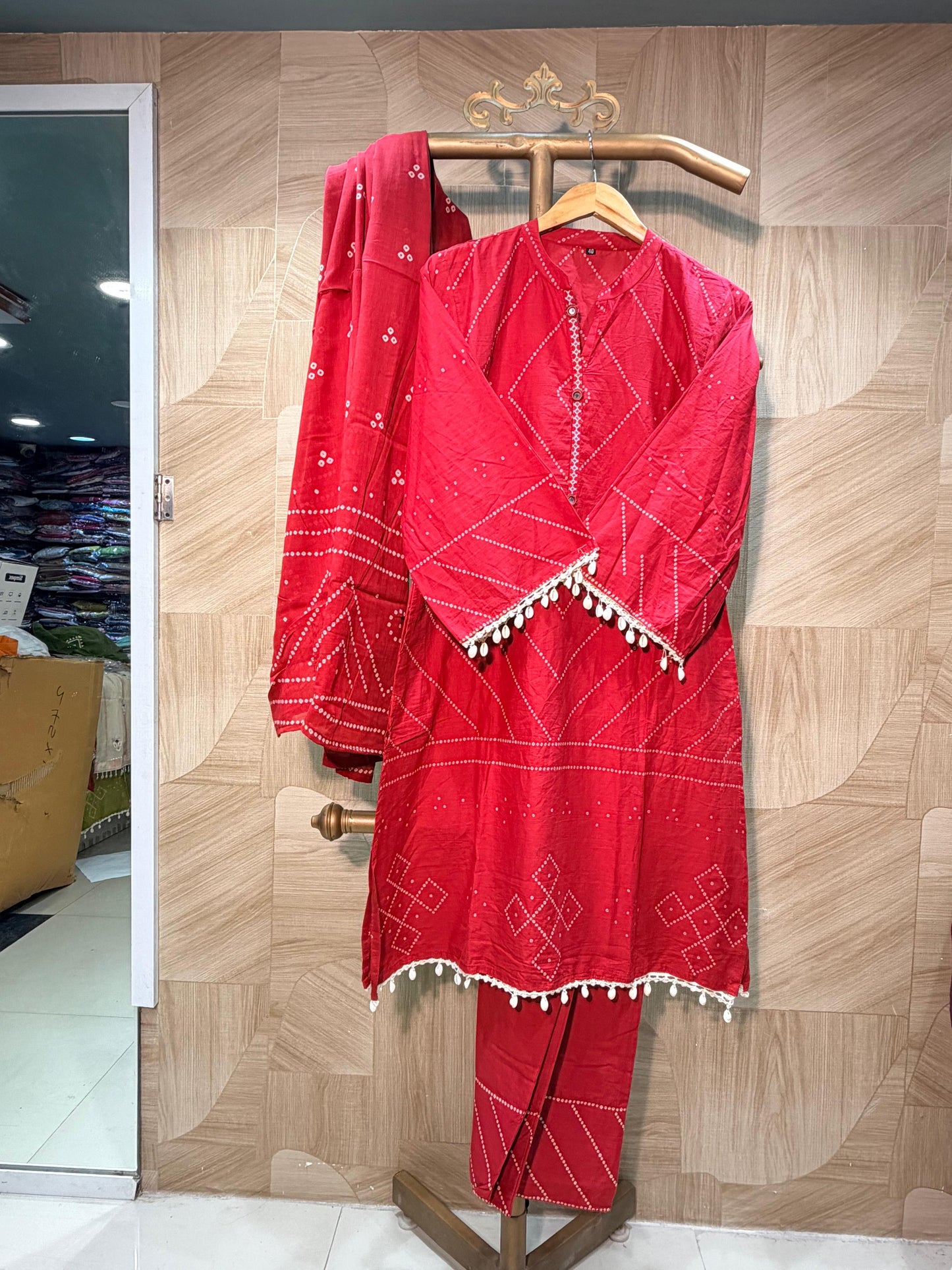Crimson Red Embroidered Kurta Set with Bandhani Print Dupatta